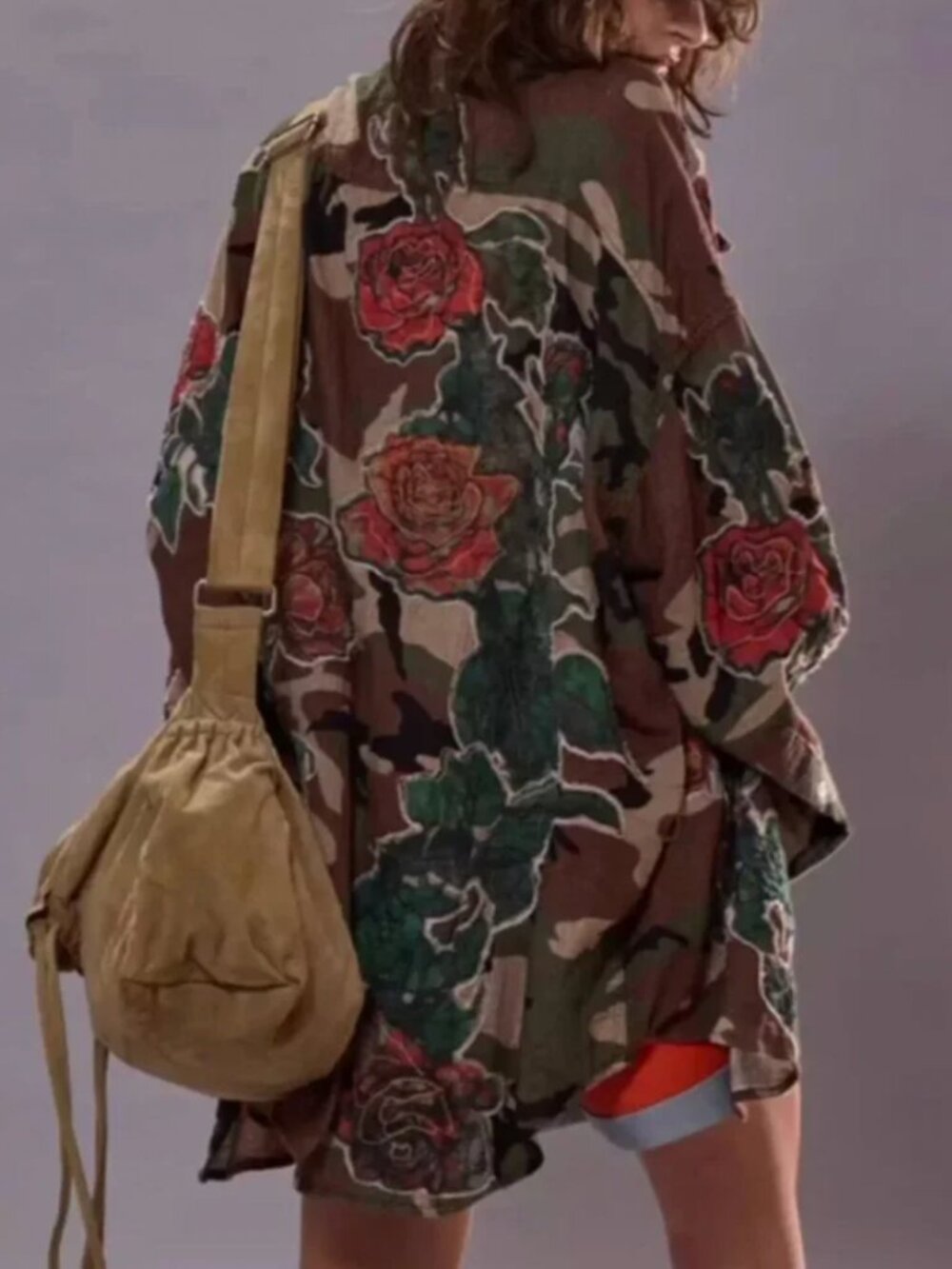 NWT R13 Drop Neck Oversized Shirt - Printed Camo w/ Rose Applique Medium